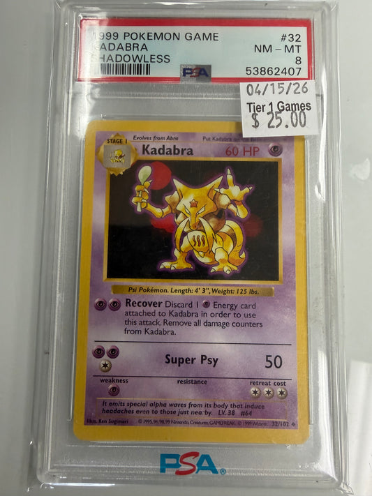 KADABRA SHADOWLESS 1999 POKEMON GAME PSA NM-MT 8