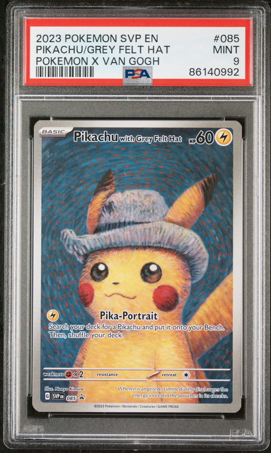 PIKACHU/GREY FELT HAT POKEMON X VAN GOGH 2023 POKEMON SVP EN-SV BLACK STAR PROMO PSA MINT 9