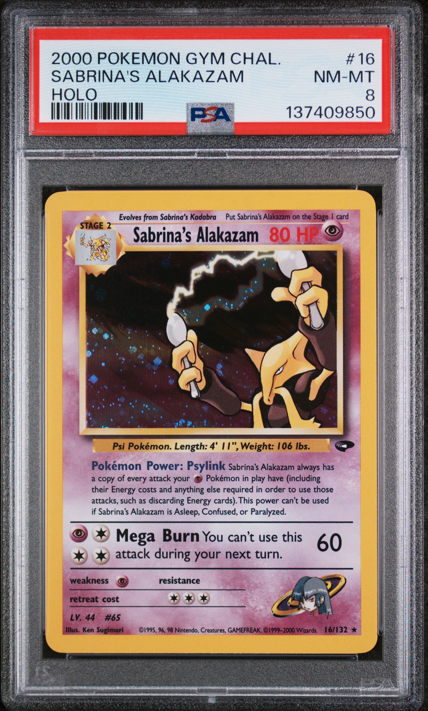 SABRINA'S ALAKAZAM HOLO 2000 POKEMON GYM CHALLENGE PSA NM-MT 8