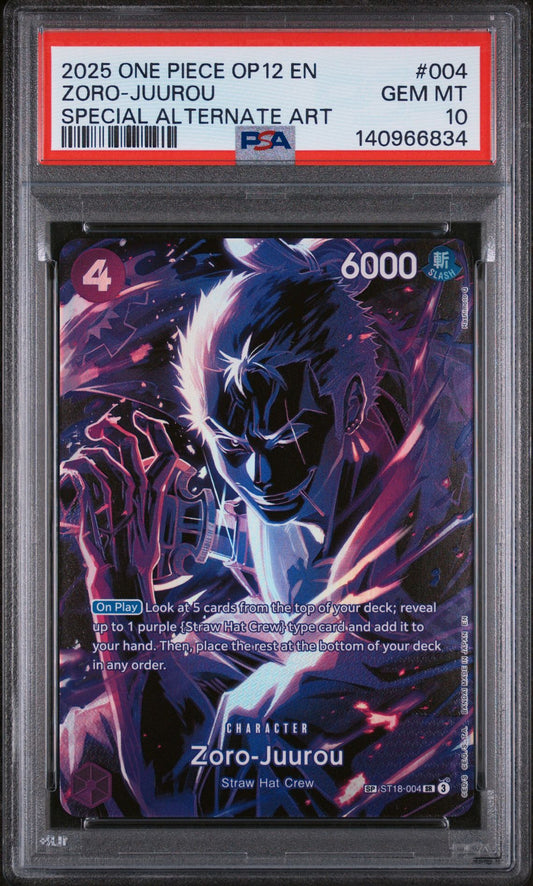 ZORO-JUUROU SPECIAL ALTERNATE ART 2025 ONE PIECE OP12-LEGACY OF THE MASTER PSA GEM MT 10