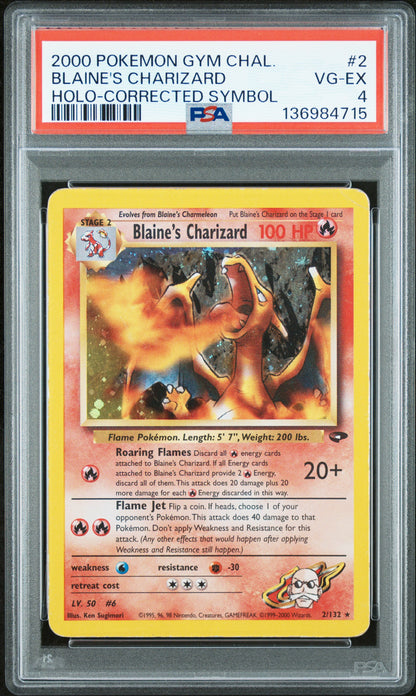 BLAINE'S CHARIZARD HOLO-CORRECTED SYMBOL 2000 POKEMON GYM CHALLENGE PSA VG-EX 4