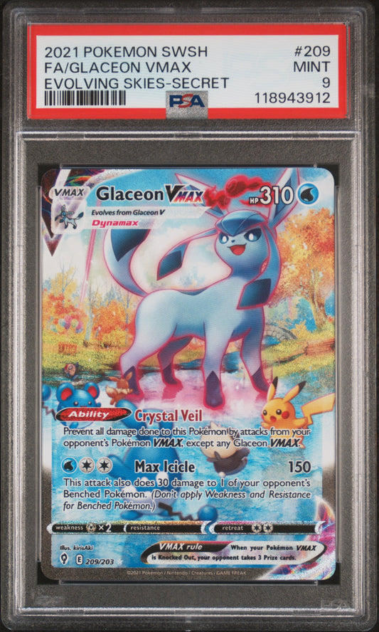 FA/GLACEON VMAX EVOLVING SKIES-SECRET 2021 POKEMON SWORD & SHIELD EVOLVING SKIES PSA MINT 9