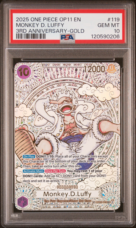 MONKEY D. LUFFY 3RD ANNIVERSARY-GOLD 2025 ONE PIECE OP11-A FIST OF DIVINE SPEED PSA GEM MT 10