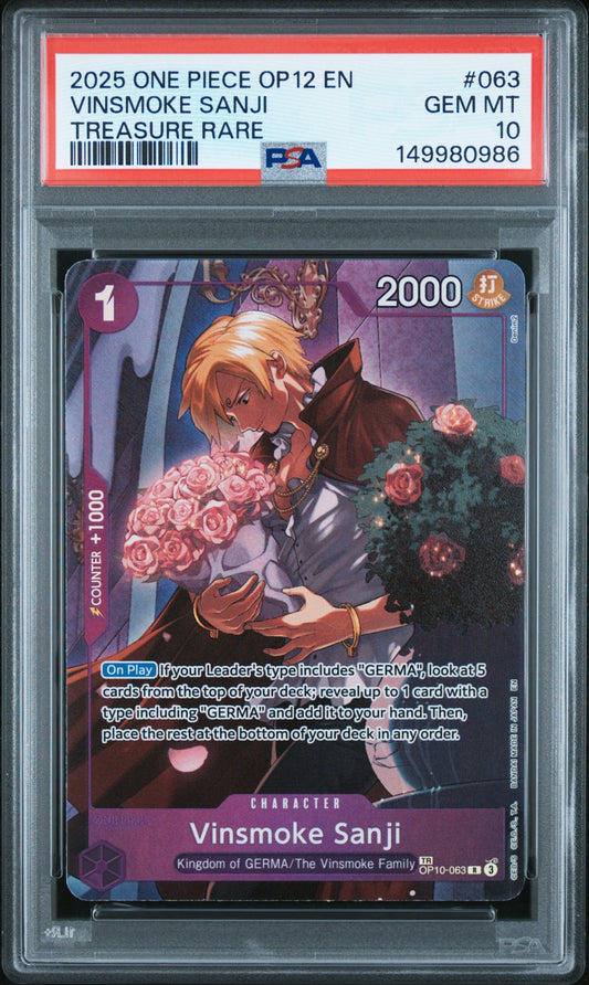 VINSMOKE SANJI TREASURE RARE 2025 ONE PIECE OP12-LEGACY OF THE MASTER PSA GEM MT 10