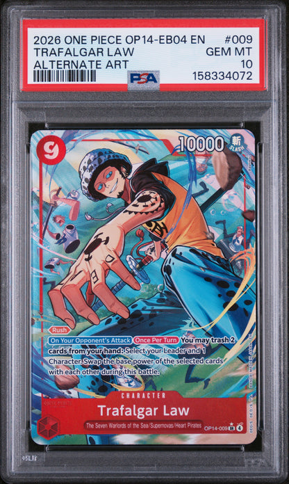 TRAFALGAR LAW ALTERNATE ART 2026 ONE PIECE OP14-EB04-THE AZURE SEA'S SEVEN PSA GEM MT 10