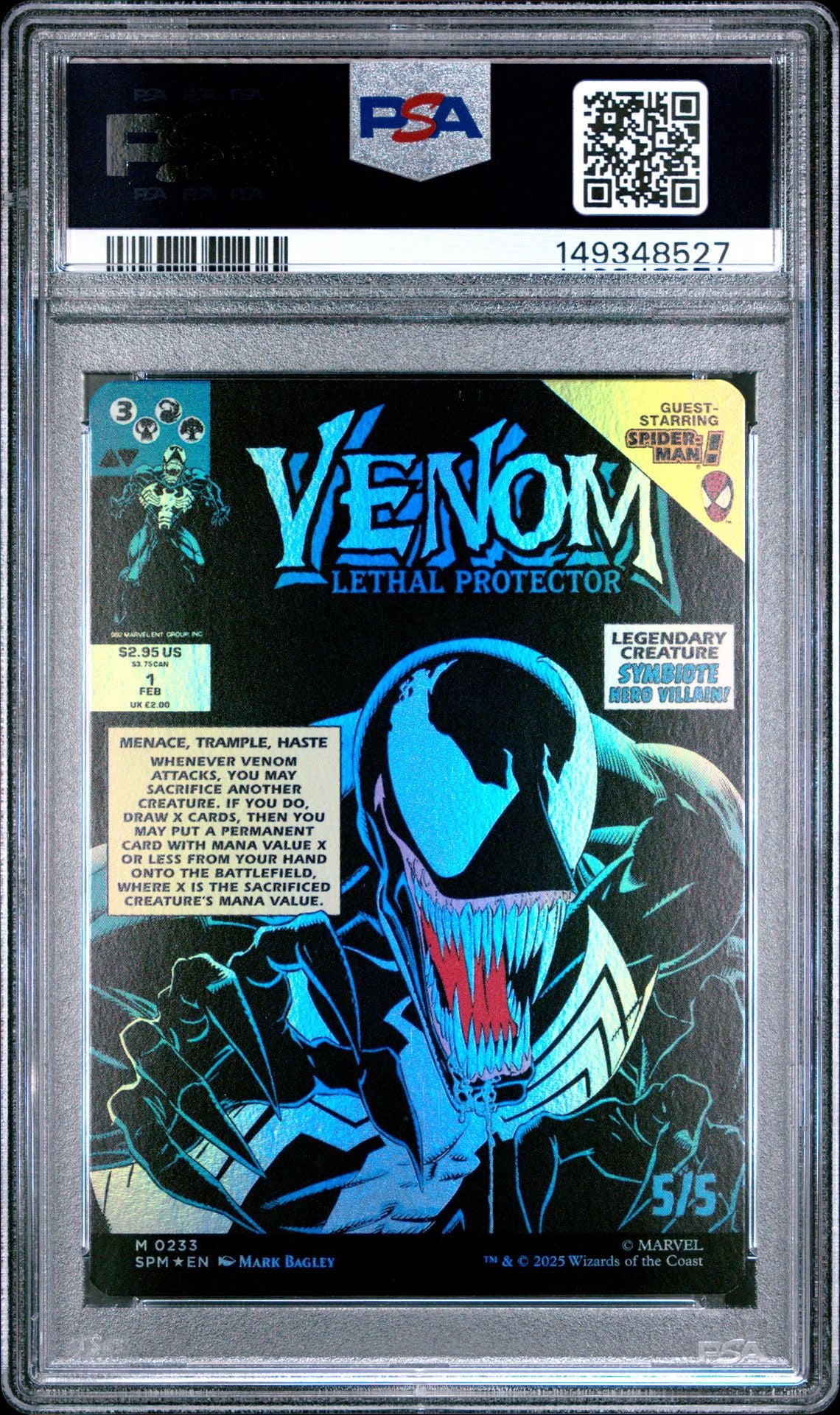 EDDIE/VENOM, LTHL PRTCT CLASSIC COMIC-FOIL 2025 MAGIC THE GATHERING MARVEL'S SPIDER-MAN PSA GEM MT 10