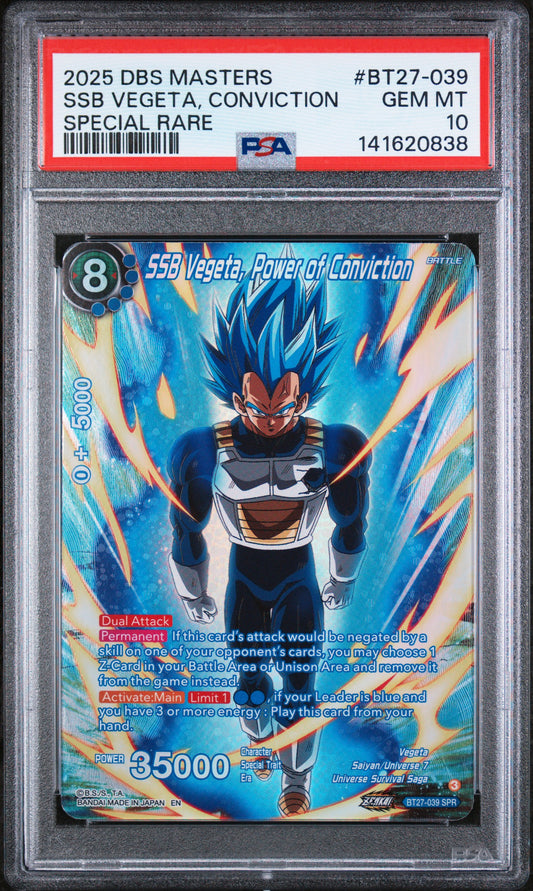 SSB VEGETA, CONVICTION SPECIAL RARE 2025 DRAGON BALL SUPER CARD GAME MASTERS SERIES 27 HISTORY OF Z PSA GEM MT 10