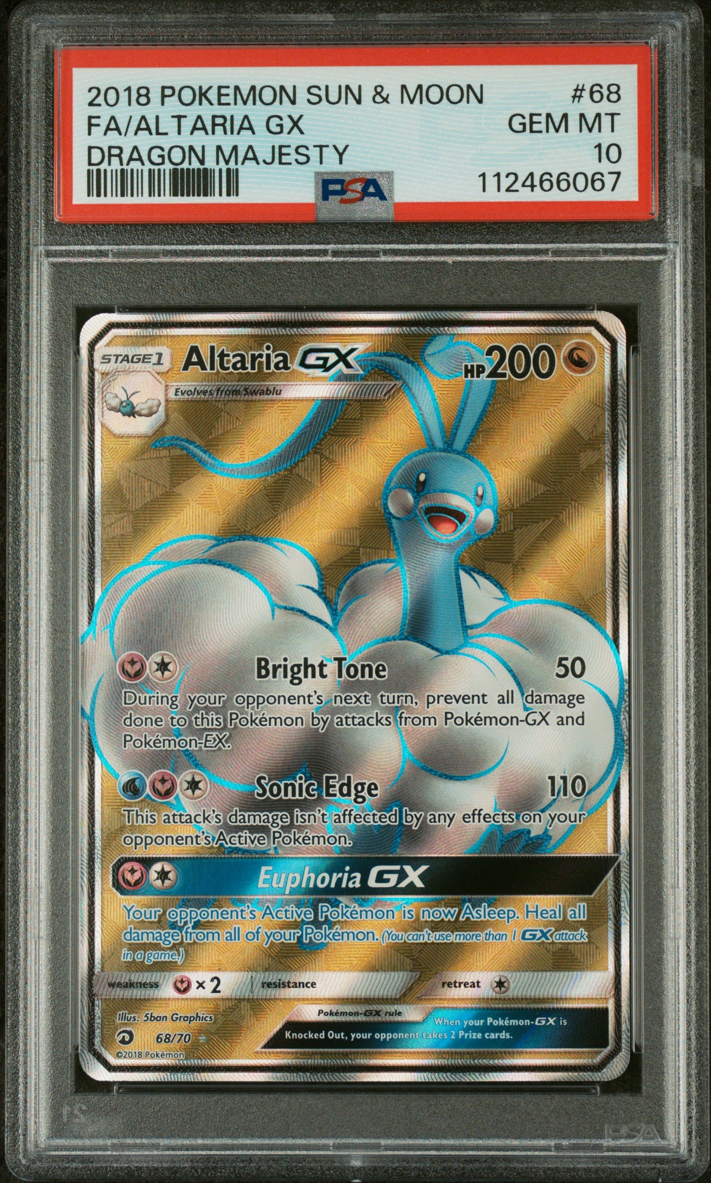 FA/ALTARIA GX DRAGON MAJESTY 2018 POKEMON SUN & MOON DRAGON MAJESTY PSA GEM MT 10