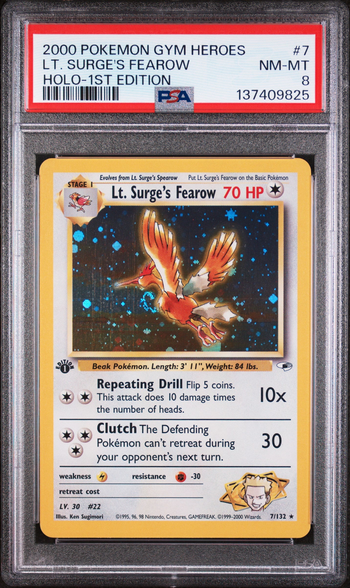 LT. SURGE'S FEAROW HOLO-1ST EDITION 2000 POKEMON GYM HEROES PSA NM-MT 8