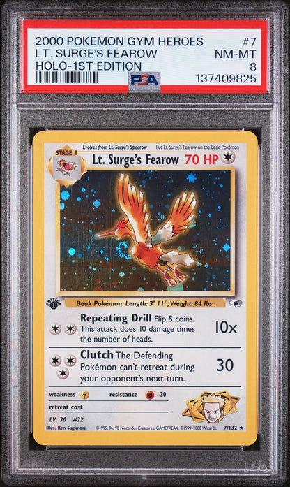 LT. SURGE'S FEAROW HOLO-1ST EDITION 2000 POKEMON GYM HEROES PSA NM-MT 8