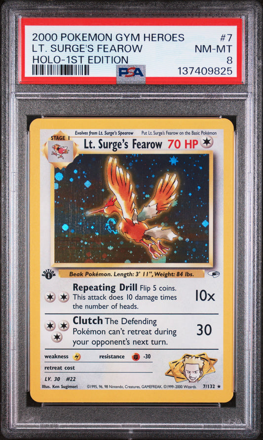 LT. SURGE'S FEAROW HOLO-1ST EDITION 2000 POKEMON GYM HEROES PSA NM-MT 8
