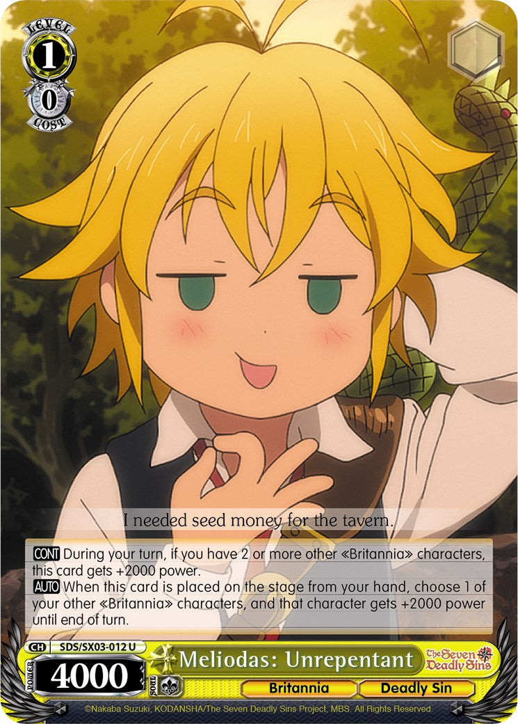 Meliodas: Unrepentant (SDS/SX03-012 U) [The Seven Deadly Sins]